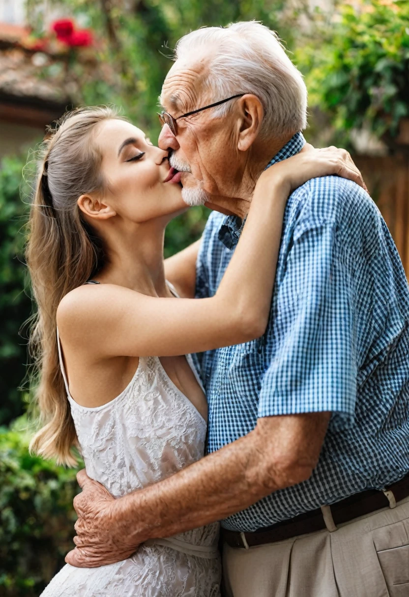 90-year-old grandfather is standing next to a beautiful sexy young woman . he hugs her and kisses her.  They are happy
