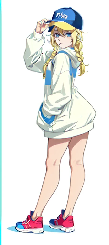 the lady is wearing a hooded sweater standing with one foot on a step, 1girl, solo, chewing gum, blonde hair, blue eyes, hat, hand in pocket, braid, bubble blowing, white background, full body, long hair, multicolored clothes, simple background, shoes, looking at viewer, baseball cap, twin braids,Eiko Tsukimi, blue eyes, braid, twin braid, (((blonde hair))), long hair, baseball cap