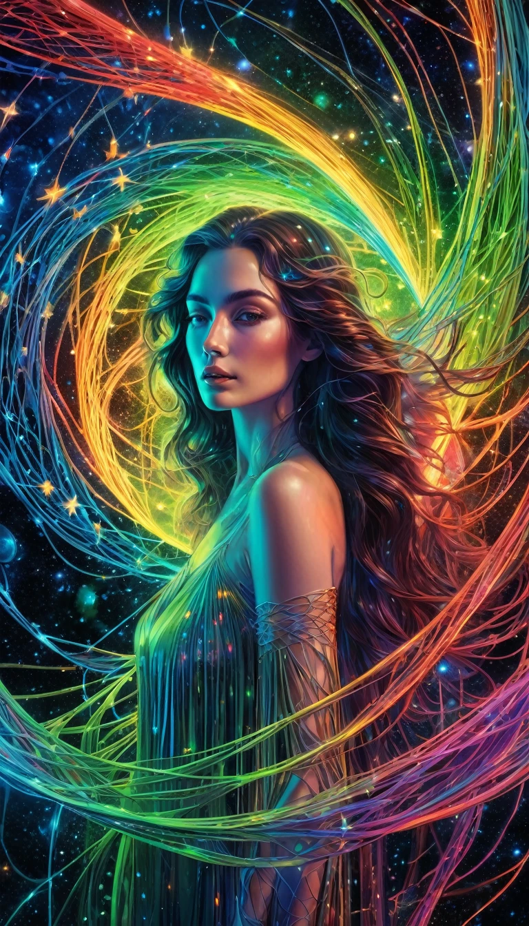 masterpiece, best quality, ultra high resolution, extremely detailed, (psychedelic art: 1.4), brunette woman, wavy hair on one side of her head, veil, visually stunning, beautiful, award-winning illustration, cosmic space background, ethereal atmosphere, ultra quality, cool girl, cosmic concept, Rainbow strings, Irises, Rainbow-colored bloody veins, which grow from darkness and intertwine, nailed wire, Thick blue blood oozed from it, sharp neon, Veins grow and pump blood, Vascular networks grow, Green veins everywhere, Yin and Yang, luminous room, shining stars, infinity symbol