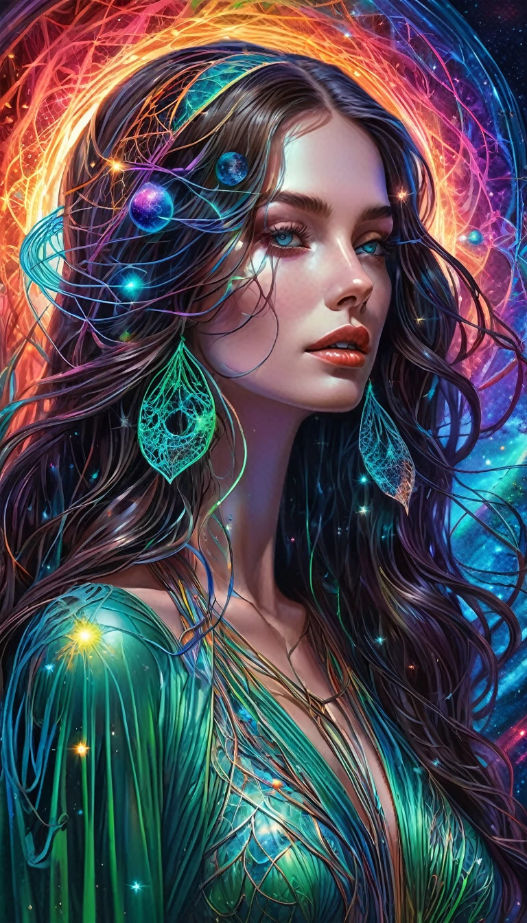 masterpiece, best quality, ultra high resolution, extremely detailed, (psychedelic art: 1.4), brunette woman, wavy hair on one side of her head, veil, visually stunning, beautiful, award-winning illustration, cosmic space background, ethereal atmosphere, ultra quality, cool girl, cosmic concept, Rainbow strings, Irises, Rainbow-colored bloody veins, which grow from darkness and intertwine, nailed wire, Thick blue blood oozed from it, sharp neon, Veins grow and pump blood, Vascular networks grow, Green veins everywhere, Yin and Yang, luminous room, shining stars, infinity symbol