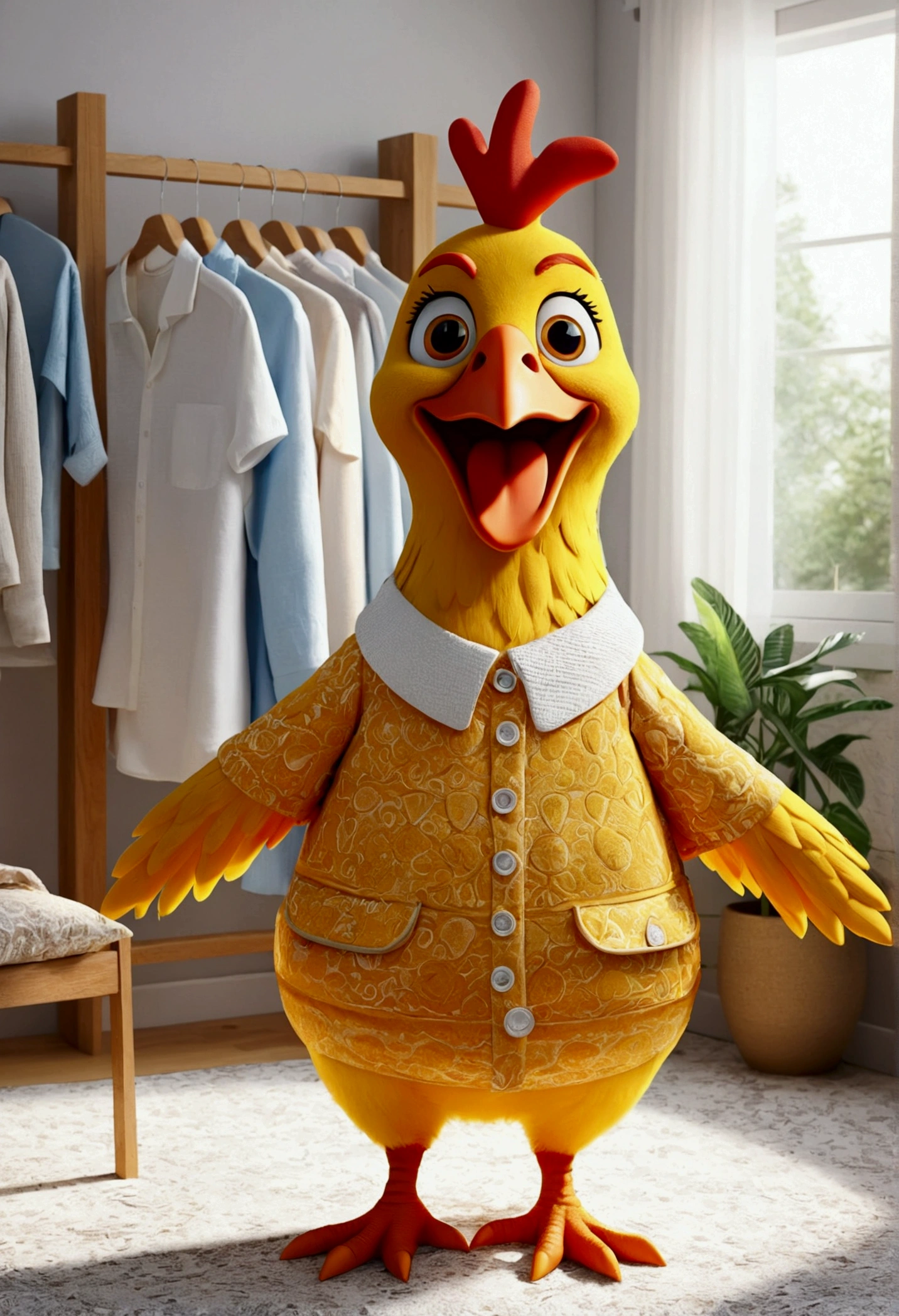 (design of character),Sun with enthusiasm and joy while standing in front of clean clothes, anthropomorphic sun, Mattresses are chickens, smiling, big shiny eyes, Fantastic,Eccentric,similar to a fairy tale, super detailing, pixel style, vibrant with colors, soft natural light, solid color backdrop, 5-octane rendering, a gorgeous, Ultra Wide Angle, 8k, high realism, 8k