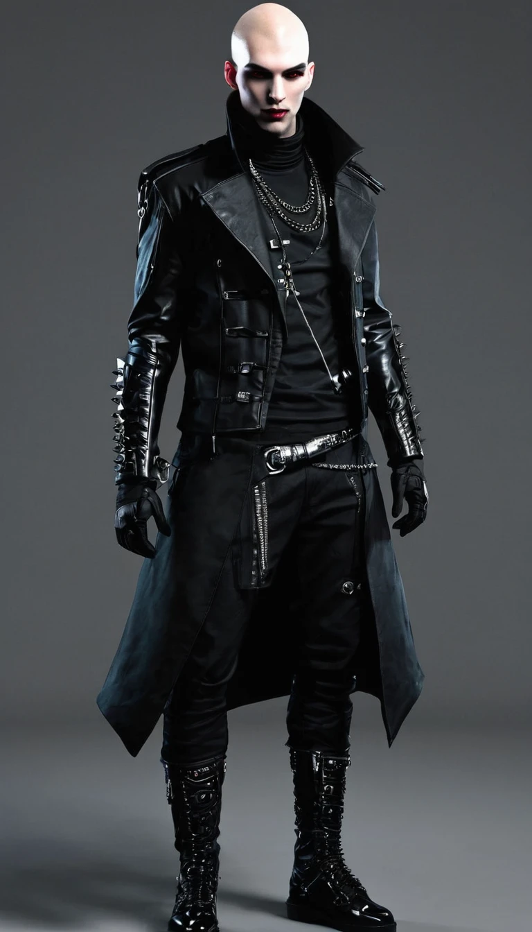 Create a full body character and vampire clan clothing items in modern times and create modern cyberpunk fashion. Front, side and backCreate a full body fat bald punk male character and vampire clan clothing items in modern times and create modern cyberpunk fashion. Front, side and back