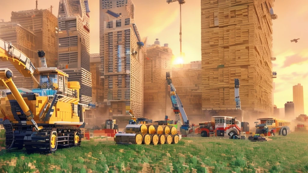 big lego pieces, big lego bricks, there are many construction equipment that are on the grass, construction, construction yard, construction site, groundbreaking, Realistic Scene, 2 0 2 2 photo, robot in construction, photo rendering, um hyperrealisti, publicity photo, transportation design rendering, Digital rendering, muita construction, big tubes, hyperrealisti, hyperrealisti, highly photographic rendering