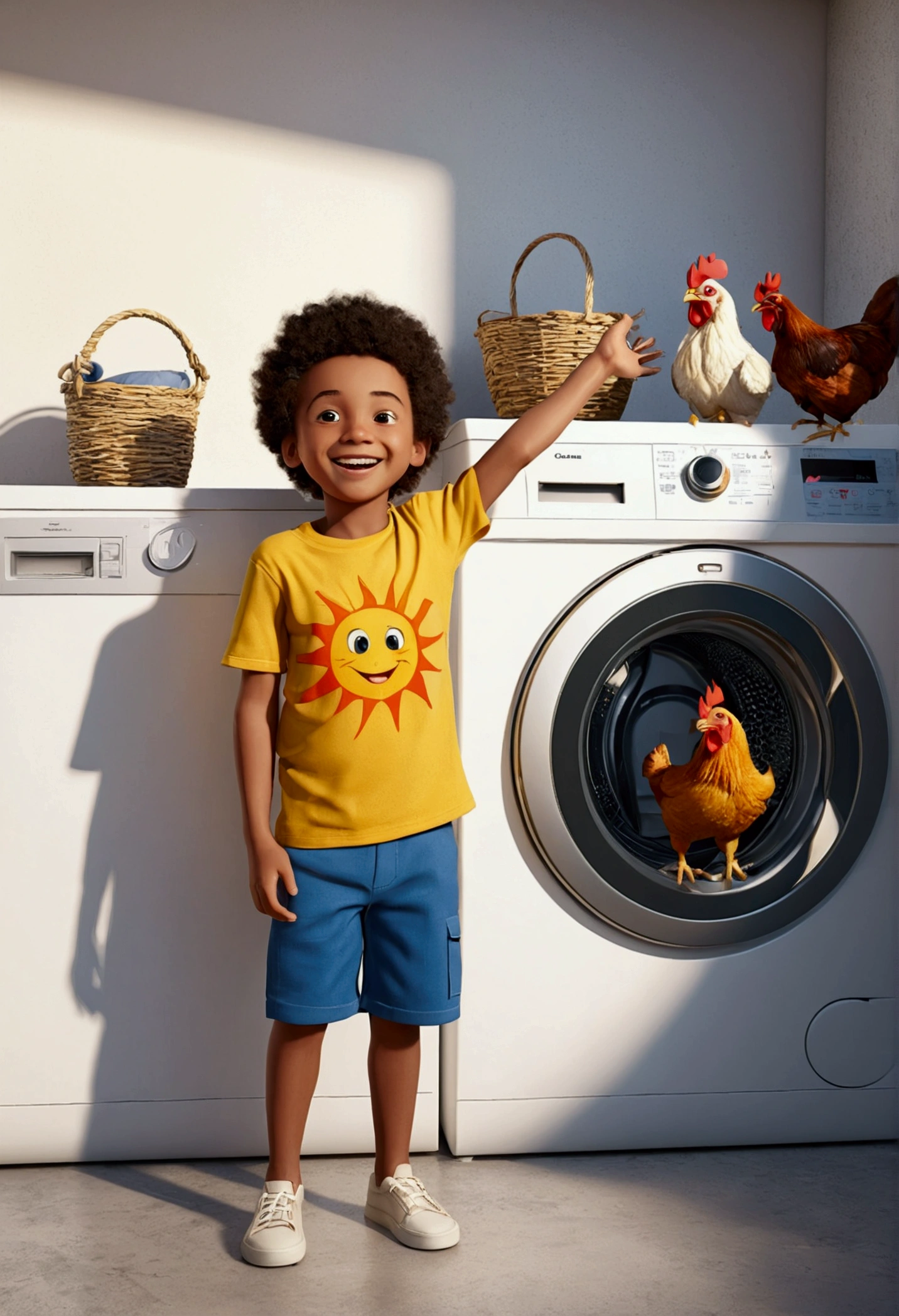 (design of character),boy Sun with enthusiasm and joy while standing in front of a washing machine, anthropomorphic sun, Mattresses are chickens, smiling, big shiny eyes, Fantastic,Eccentric,similar to a fairy tale, super detailing, pixel style, vibrant with colors, soft natural light, solid color backdrop, 5-octane rendering, a gorgeous, Ultra Wide Angle, 8k, high realism, 8k
