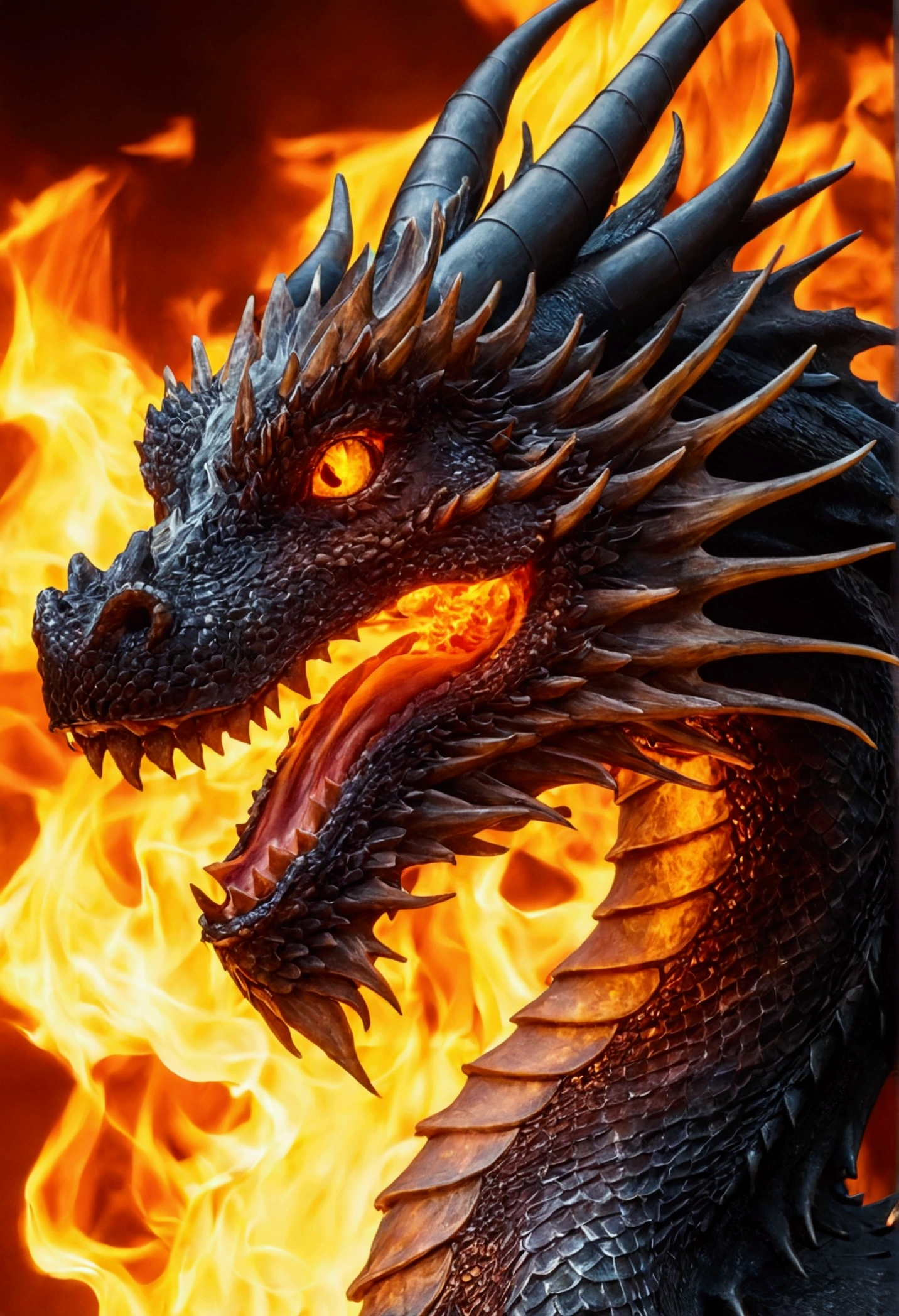 Dragon made of fire flying close up