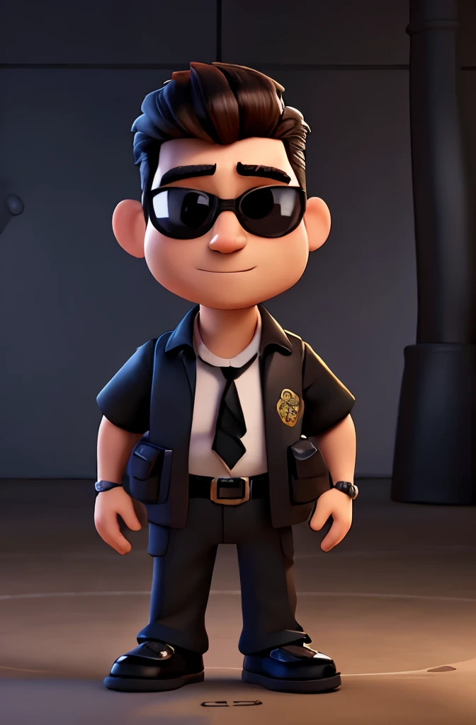 Cartoon character of a dark-haired man wearing sunglasses and black security guard uniform, straight hair, Security guard character, stylized character, animation style rendering, 3D stylized, guar, Render 3D stylized, Toon render keyshot, 3D character, 3D character, Stylized 3D rendering, 3d character rendering, cartoon character, Full body character, Character pose, (Pixar Style) (master part:1.2) (bokeh) (Best Quality) (detailed skin) (Detailed texture) (8k) (clay) (cinematic lighting) (sharp focus