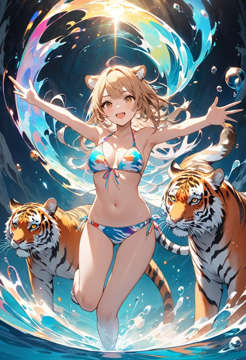 (​masterpiece, top-quality, Official art:1.2)Look at viewericro bikini, tiger and girl, Tiger painting}A flash of light runs, Colorful water levitation(2D:1.5),