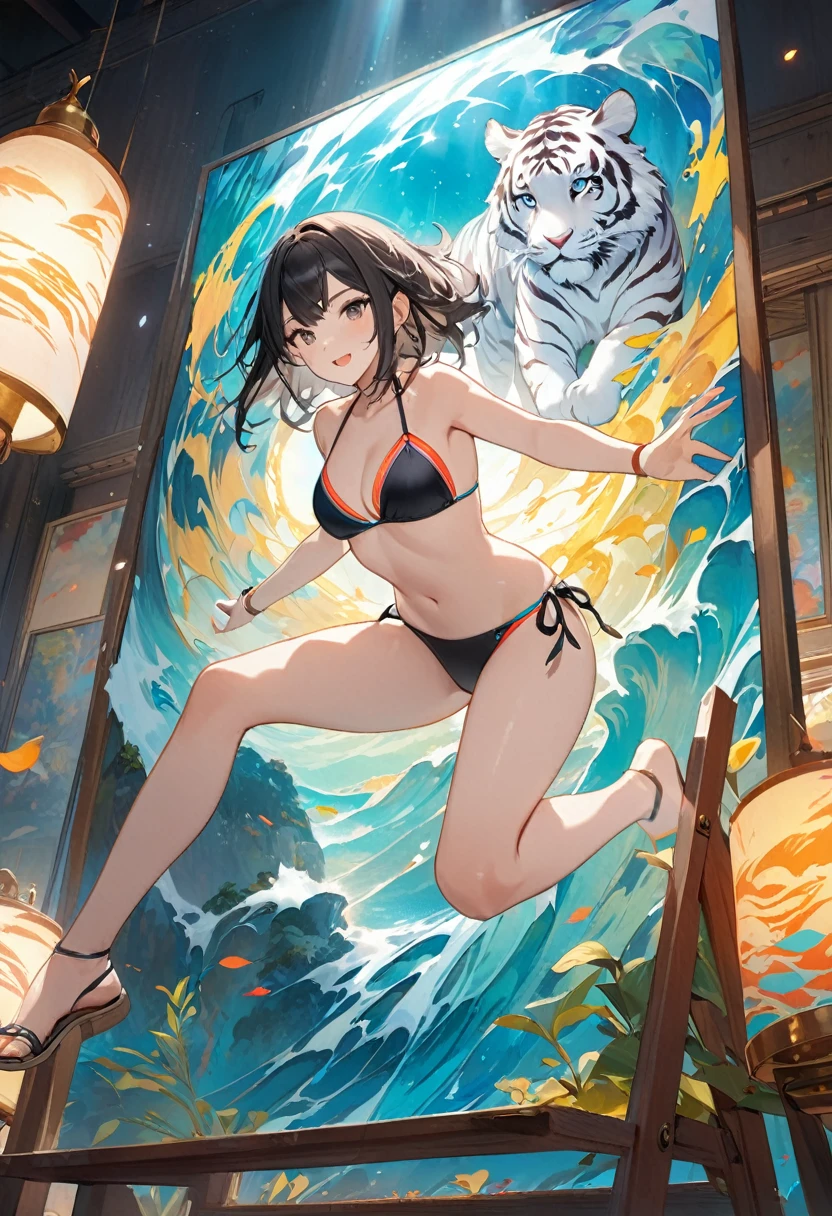 (​masterpiece, top-quality, Official art:1.2)Look at viewericro bikini, tiger and girl, Tiger painting}A flash of light runs, Colorful water levitation(2D:1.5),