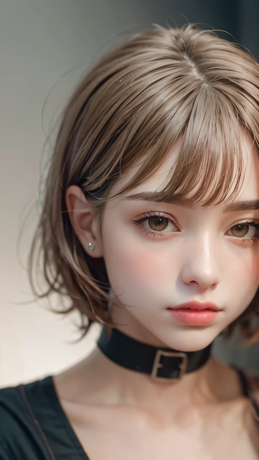 Masterpiece hyperrealist & Photorealistic beautiful girl, Realistic Skin (Pore-filled skin) Short Bob Cut Hair, Realistic red lips,Punk Girl, (head shot:1.5),Shorts