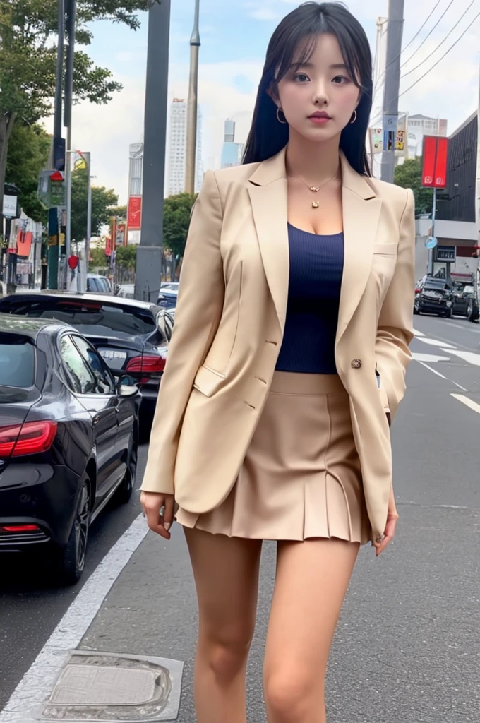 a 16 year old girl, she is the most beautiful actress in the world, the perfect body proportions of this girl, indirect breast bulge of her clothed upper body, the blazer is appropriately buttoned up on the formal shirt above the short skirt that's hardly covering the panties between her bare legs, it's only one description of one body, above her head and below her feet are no space, the front of her body, looking forward to viewer, she is standing, at the city street, nsfw, best quality, highly detailed, masterpiece, ultra high res, photo realistic, 8k, RAW photo