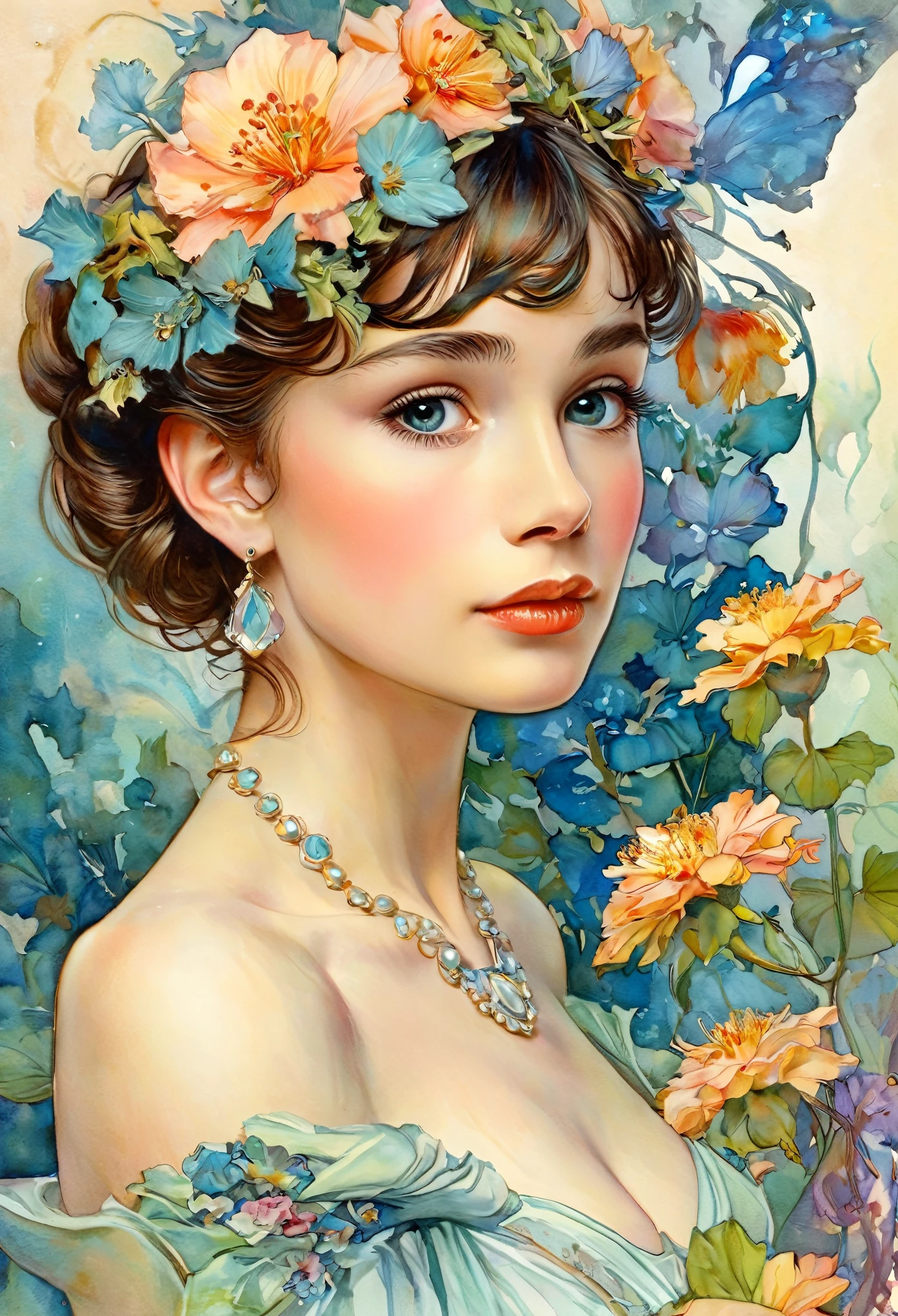 Depicts a beautiful woman with flowers in her hair, (Audrey Hepburn:1.3), Highly detailed watercolor painting, The style of Alfons Maria Mucha and Gustav Kirmut, Art Nouveau accents, Fairy Princess, Anthropomorphic woman, Female figure, Detailed cover artwork, As the Flower Goddess, Alphonse Mucha, Gustav Klimt, Pale skin, Marble sculpture, society, Gothic art, Art Nouveau, Behance Contest Winner
