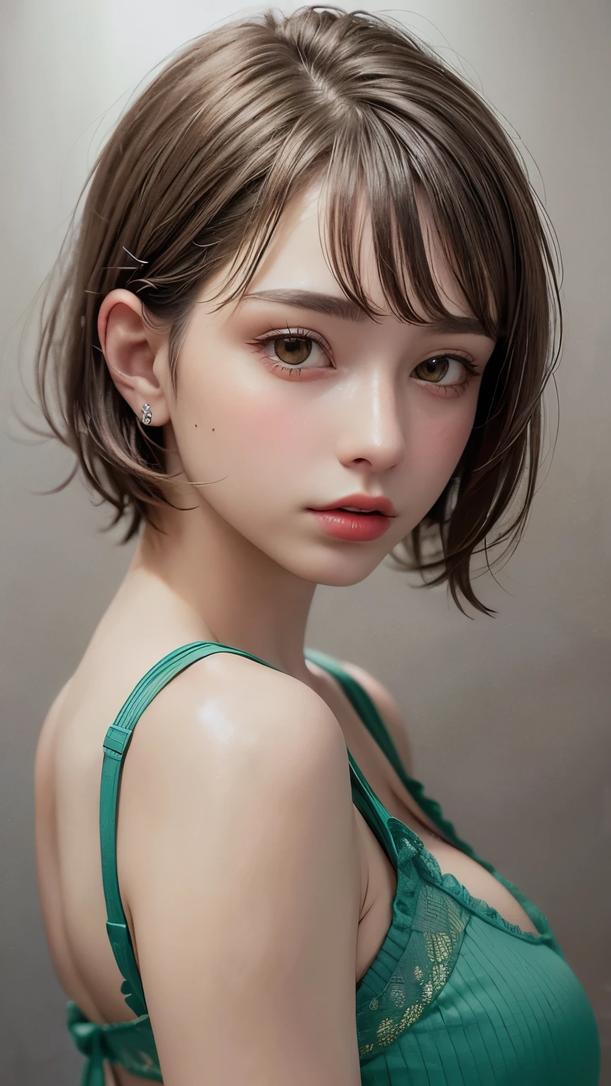 Masterpiece hyperrealist & Photorealistic beautiful girl, Realistic Skin (Pore-filled skin) Short Bob Cut Hair, Realistic red lips,Punk Girl, (head shot:1.5),Shorts