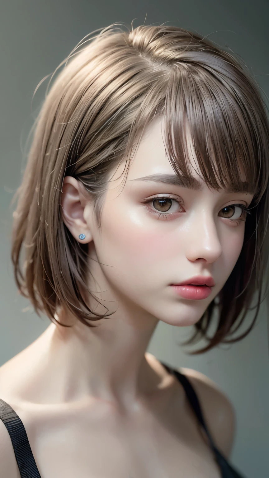Masterpiece hyperrealist & Photorealistic beautiful girl, Realistic Skin (Pore-filled skin) Short Bob Cut Hair, Realistic red lips,Punk Girl, (head shot:1.5),Shorts