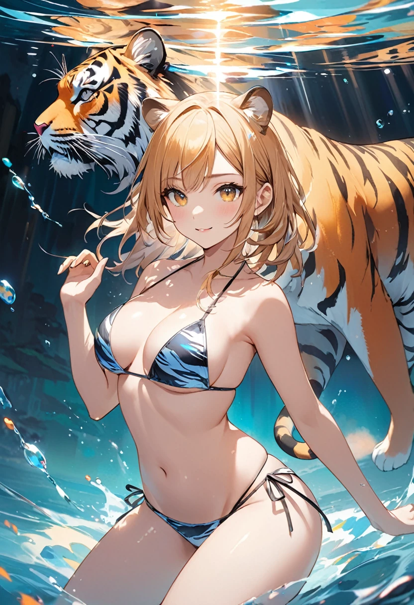 (​masterpiece, top-quality, Official art:1.2)Look at viewericro bikini, tiger and girl, Tiger painting}A flash of light runs, Colorful water levitation(2D:1.5),