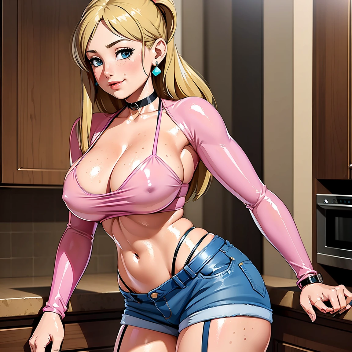 Beautiful round medium breasts, 1girl, ((Blonder hair, Beautiful straight hair, Hair parted on the right side)) ((Girl, cute girl face)) light azuis eyes, has an beautiful sensual body with freckles, with full breasts and thin waist, HIP HOP Beautiful and cute denim shorts, garter belt, choker, long sleeve blouse, tight, fabric delicate, has a bold appearance. young, quality, realistic, best quality, cute expression, pink lipstick lips, Cute smile, In the kitchen, in a pose