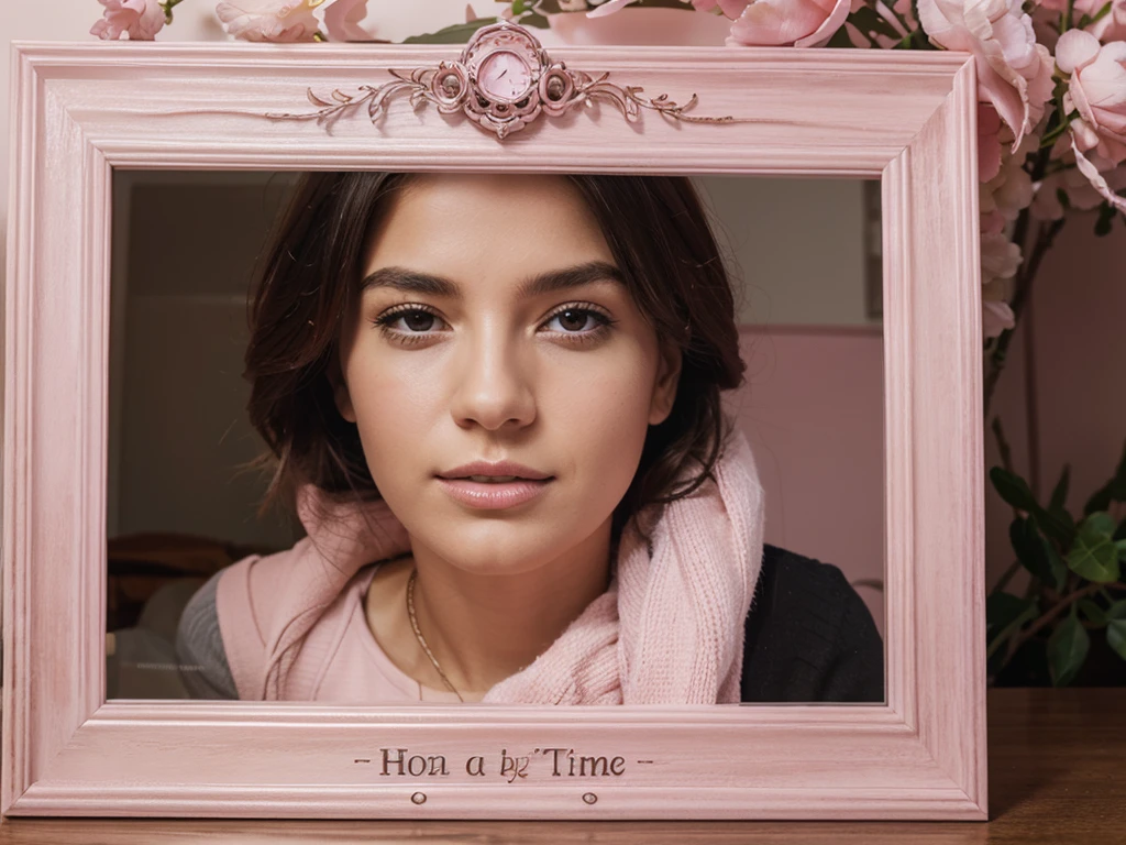 Create a clock frame in time, for an image, pink in color.