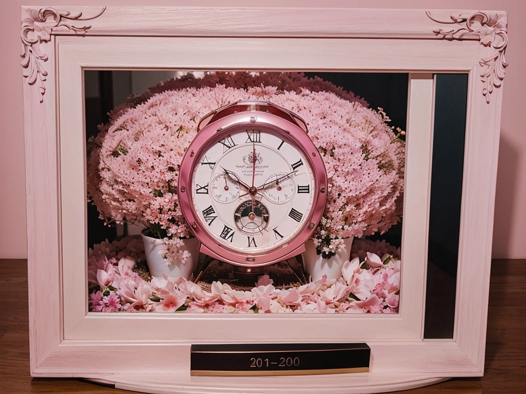 Create a clock frame in time, for an image, pink in color.