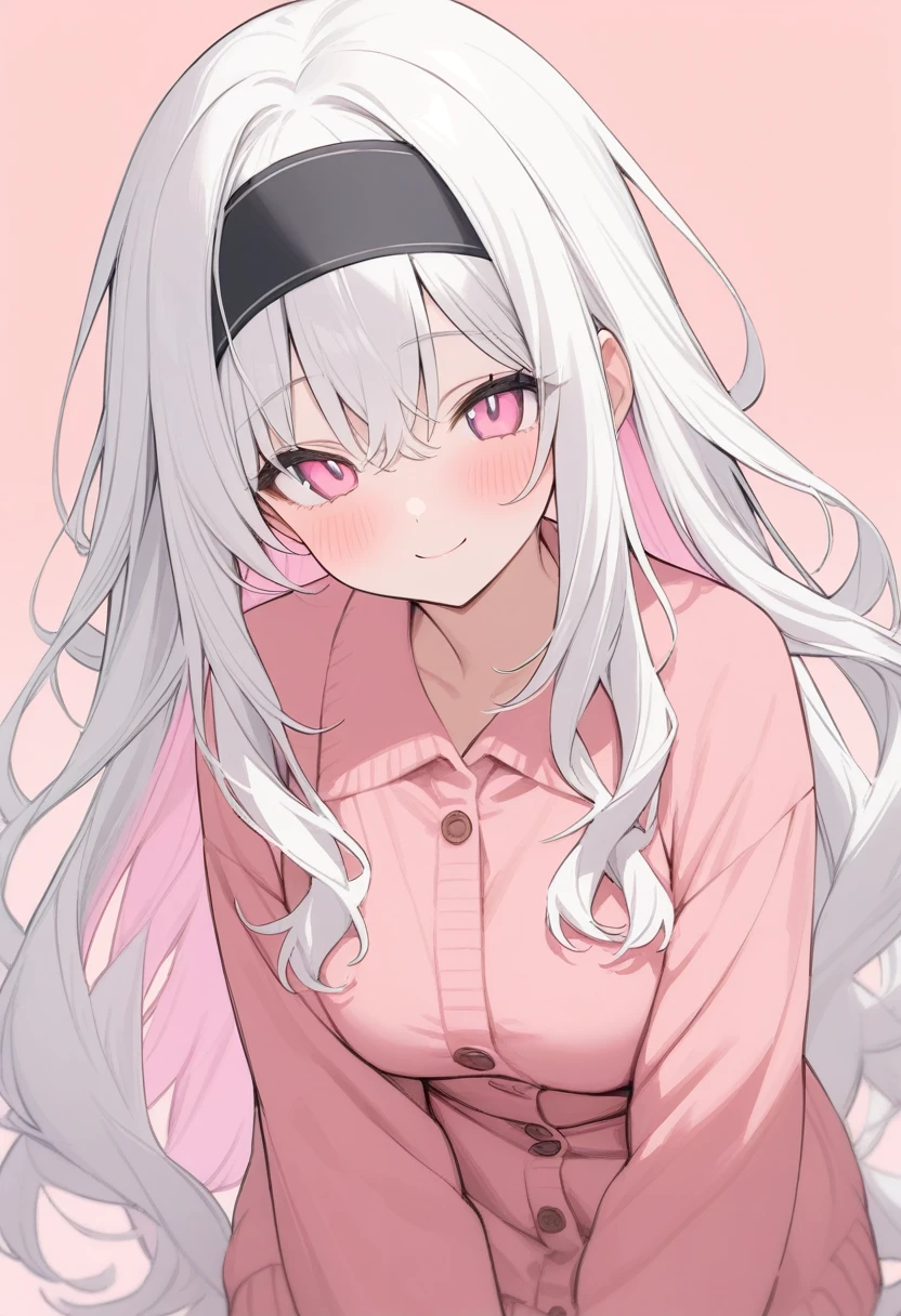Simple Background,masterpiece,Highest quality,woman,smile,Wavy long hair,(White Hair),(Pink inner color),Cute eyes,水色のCute eyes,Pink Cardigan、Black headband、