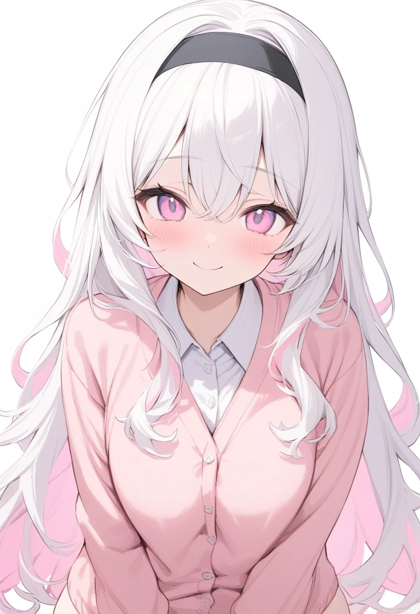 Simple Background,masterpiece,Highest quality,woman,smile,Wavy long hair,(White Hair),(Pink inner color),Cute eyes,水色のCute eyes,Pink Cardigan、Black headband、