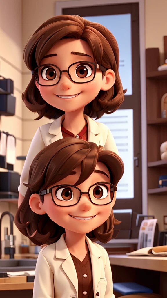 happy girl with short brown hair, brown eyes, wearing glasses and lab coat