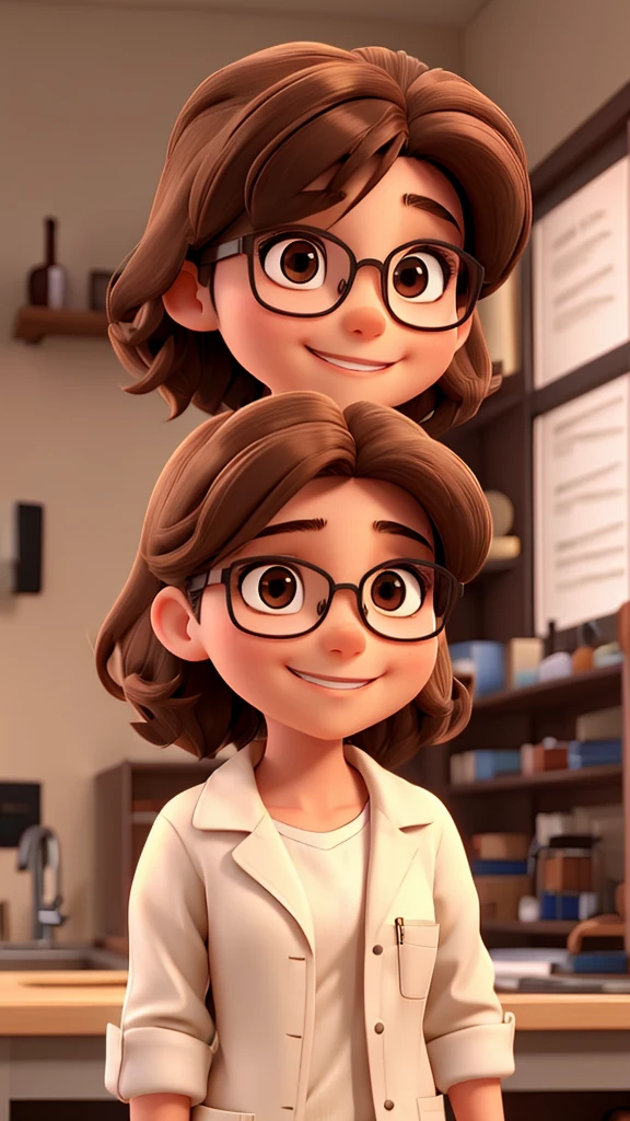 happy girl with short brown hair, brown eyes, wearing glasses and lab coat