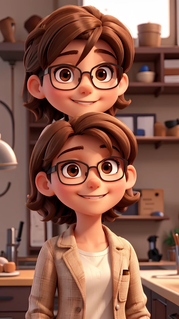 happy girl with short brown hair, brown eyes, wearing glasses and lab coat