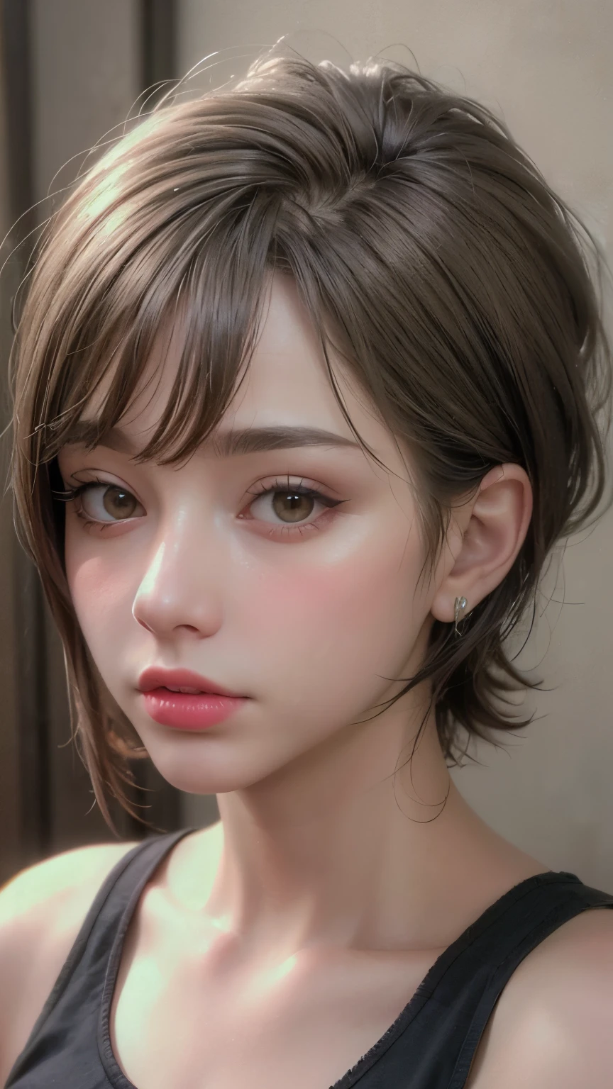 Masterpiece hyperrealist & Photorealistic beautiful girl, Realistic Skin (Pore-filled skin) Short Bob Cut Hair, Realistic red lips,Punk Girl, (head shot:1.5),Shorts