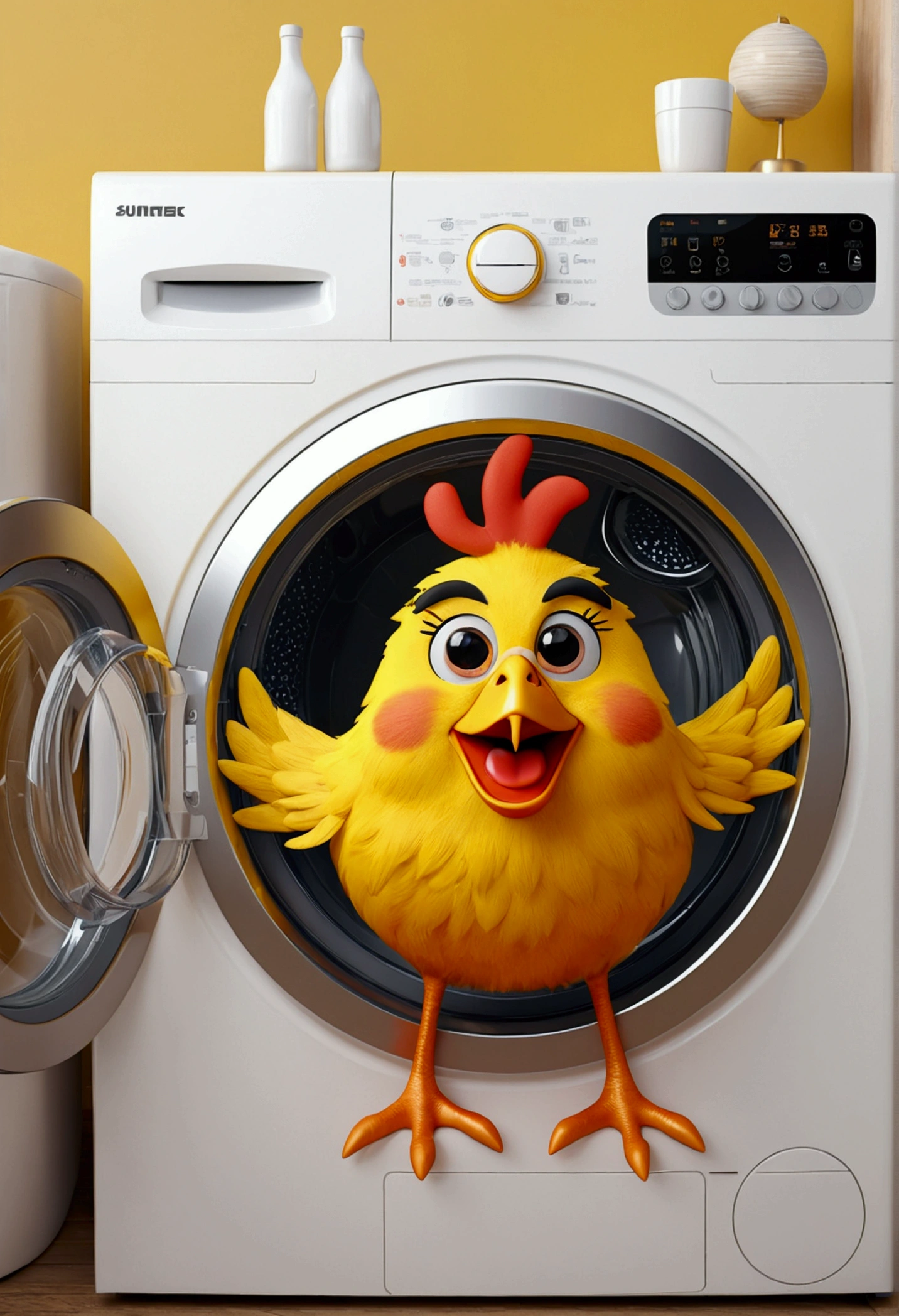(design of character),Cartoon sun with enthusiasm and joy while standing in front of a washing machine, anthropomorphic sun, Mattresses are chickens, smiling, big shiny eyes, Fantastic,Eccentric,similar to a fairy tale, super detailing, pixel style, vibrant with colors, soft natural light, solid color backdrop, 5-octane rendering, a gorgeous, Ultra Wide Angle, 8k, high realism, 8k