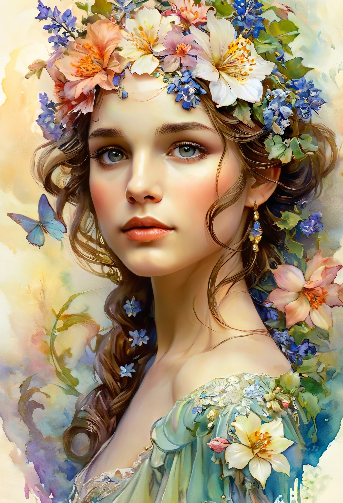 Picture of a woman with flowers in her hair, the picture is beautiful, elegant digital painting, beautiful portrait image, very beautiful portrait, Female portrait, beautiful feminine face, beautiful gorgeous digital art, beautiful picture, detailed beautiful portrait, Beautiful art, beautiful digital art, Realistic picture of a cute girl, beautiful digital artwork, feminine beautiful face, beautiful digital painting, gorgeous face portrait