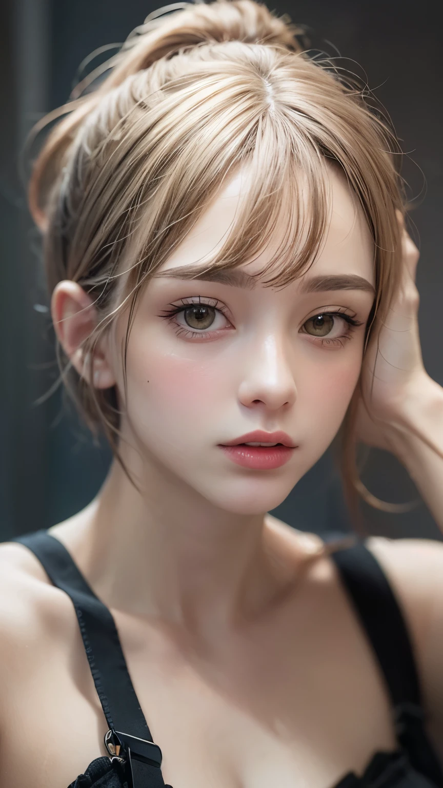 Masterpiece hyperrealist & Photorealistic beautiful girl, Realistic Skin (Pore-filled skin) Short Bob Cut Hair, Realistic red lips,Punk Girl, (head shot:1.5),Shorts