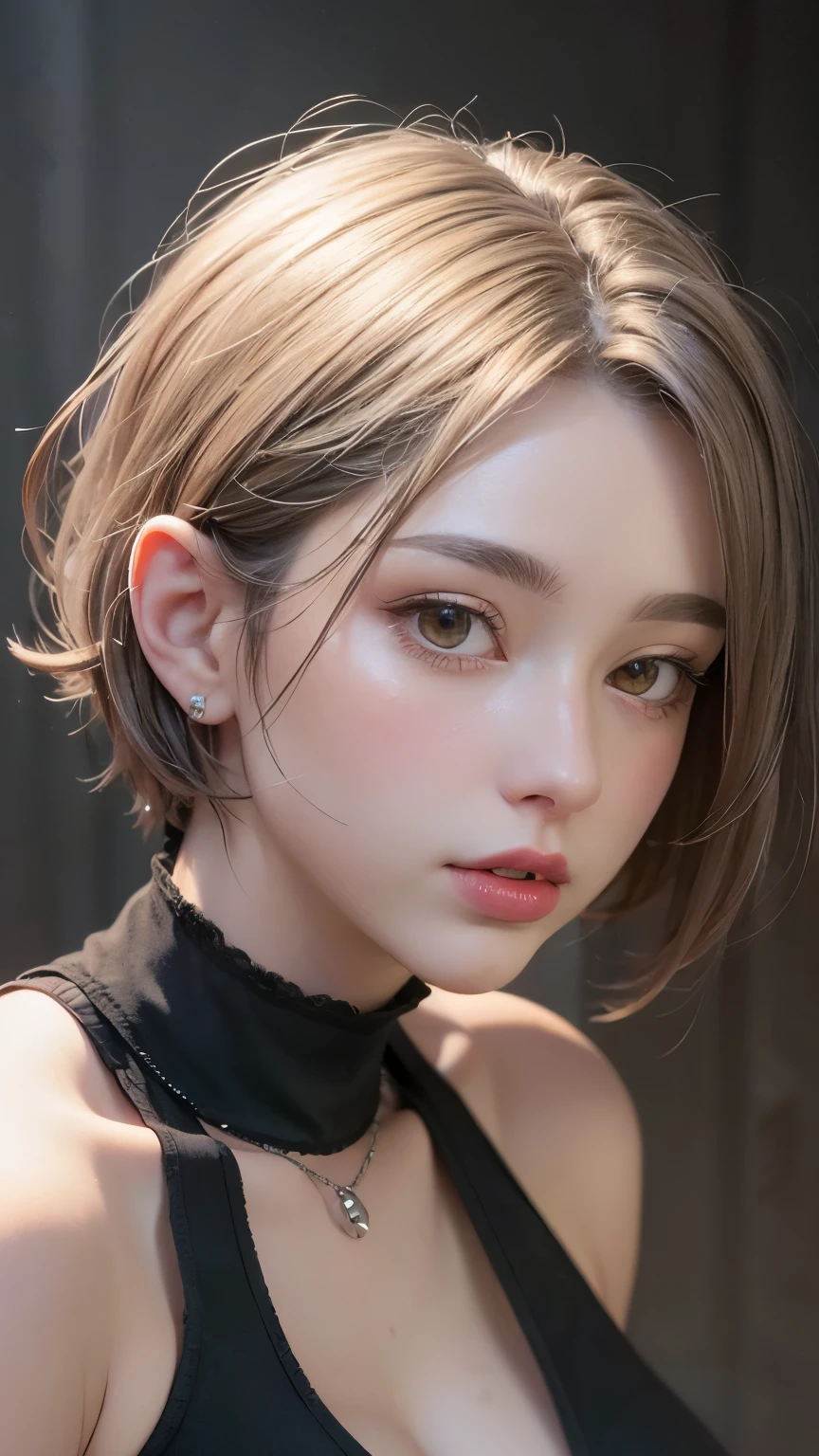 Masterpiece hyperrealist & Photorealistic beautiful girl, Realistic Skin (Pore-filled skin) Short Bob Cut Hair, Realistic red lips,Punk Girl, (head shot:1.5),Shorts