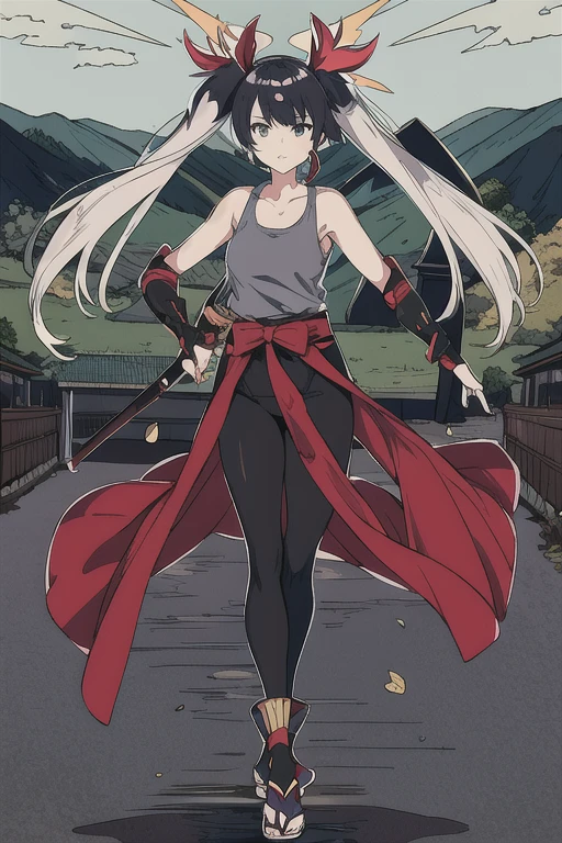 An anime picture, a perfect body, full body, village background, japanese theme, female, kunoichi, white twin tails hair, black tank top armor, and black leggings