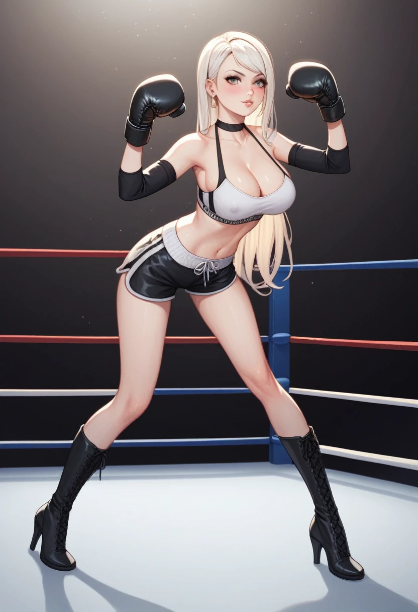 A slim beautiful girl,Good shape,Pretty Face,detailed picture, blush,White long hair,Wearing a strapless sports bra，Four-corner shorts,Wearing black suspender stockings,high-heel boots,Wearing black boxing gloves，Wearing black sleeves,Perform standing boxing moves alone in the boxing ring,Large Breasts,Cleavage,Thin legs,nipple,