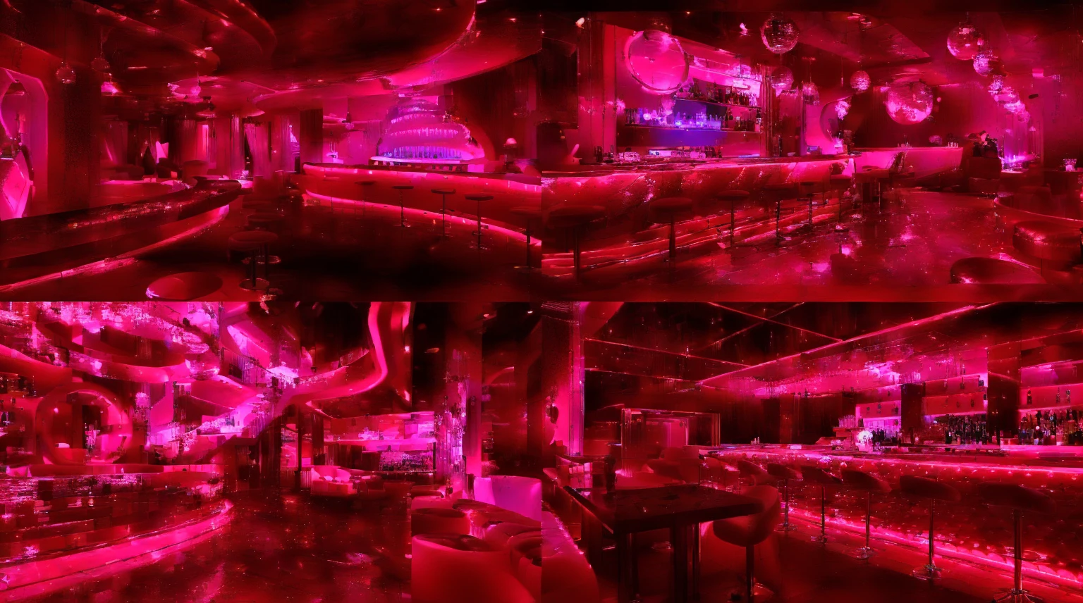 Illustration of a bar with lots of purple lights, Nightclub dancing inspired, ibiza Nightclub dancing inspired, cyberpunk Nightclub, sci-fi Nightclub, Nightclub, Nightclubs and neons, Nightclub, Futuristic Background, futuristic casino, 3D Rendering, neon accent lighting, Various lighting atmospheres, Magenta lighting. fantasy, Futuristic decoration, cyberpunk strip clubs