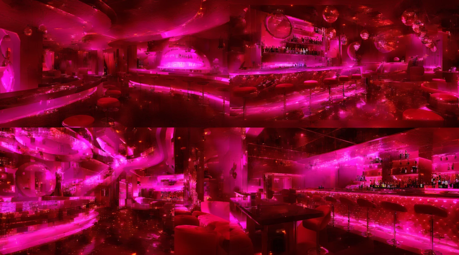 Illustration of a bar with lots of purple lights, Nightclub dancing inspired, ibiza Nightclub dancing inspired, cyberpunk Nightclub, sci-fi Nightclub, Nightclub, Nightclubs and neons, Nightclub, Futuristic Background, futuristic casino, 3D Rendering, neon accent lighting, Various lighting atmospheres, Magenta lighting. fantasy, Futuristic decoration, cyberpunk strip clubs