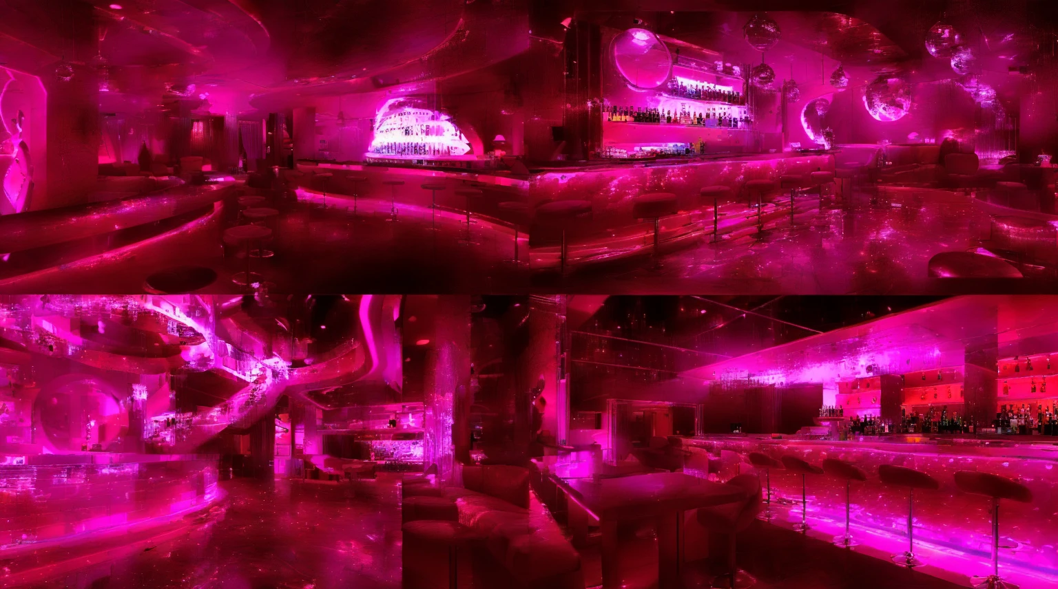 Illustration of a bar with lots of purple lights, Nightclub dancing inspired, ibiza Nightclub dancing inspired, cyberpunk Nightclub, sci-fi Nightclub, Nightclub, Nightclubs and neons, Nightclub, Futuristic Background, futuristic casino, 3D Rendering, neon accent lighting, Various lighting atmospheres, Magenta lighting. fantasy, Futuristic decoration, cyberpunk strip clubs