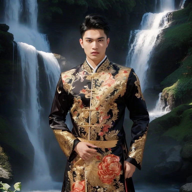 Haraf man, a Southeast Asian man with a round face., Mohawk hair, The face is bright and shiny., Double eyelids, Big eyes, black eyes,has exceptionally black hair, pitch black, In the background is a large waterfall., The evening sun shines beautifully., David Marquez, Andrew Gonzalez, A thin man with light tan skin., inspired By Robbie Trevino, Headshot profile picture, inspired By Adam Dario Kiel, Christian Orrillo, Daniel Mirante, By Adam Dario Kiel, By Robbie Trevino, Rick Dai, Joel Torres, with mountains as the background