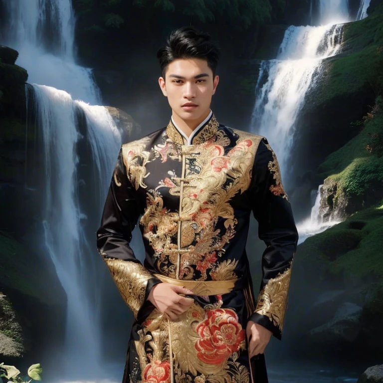 Haraf man, a Southeast Asian man with a round face., Mohawk hair, The face is bright and shiny., Double eyelids, Big eyes, black eyes,has exceptionally black hair, pitch black, In the background is a large waterfall., The evening sun shines beautifully.,  David Marquez, Andrew Gonzalez, A thin man with light tan skin., inspired By Robbie Trevino, Headshot profile picture, inspired By Adam Dario Kiel, Christian Orrillo, Daniel Mirante, By Adam Dario Kiel, By Robbie Trevino, Rick Dai, Joel Torres, with mountains as the background