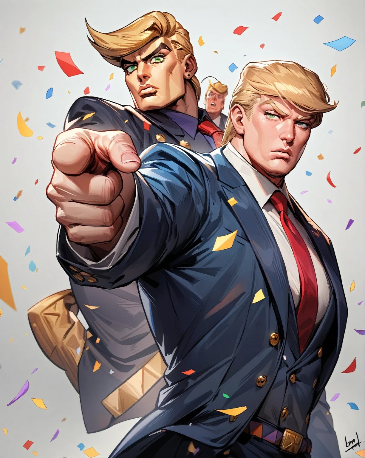 absurd, high resolution, Extremely detailed, HDR, masterpiece, best quality, Trump, blond, Expressive green eyes, Jojo's bizarre adventure, 1 person, Handsome,