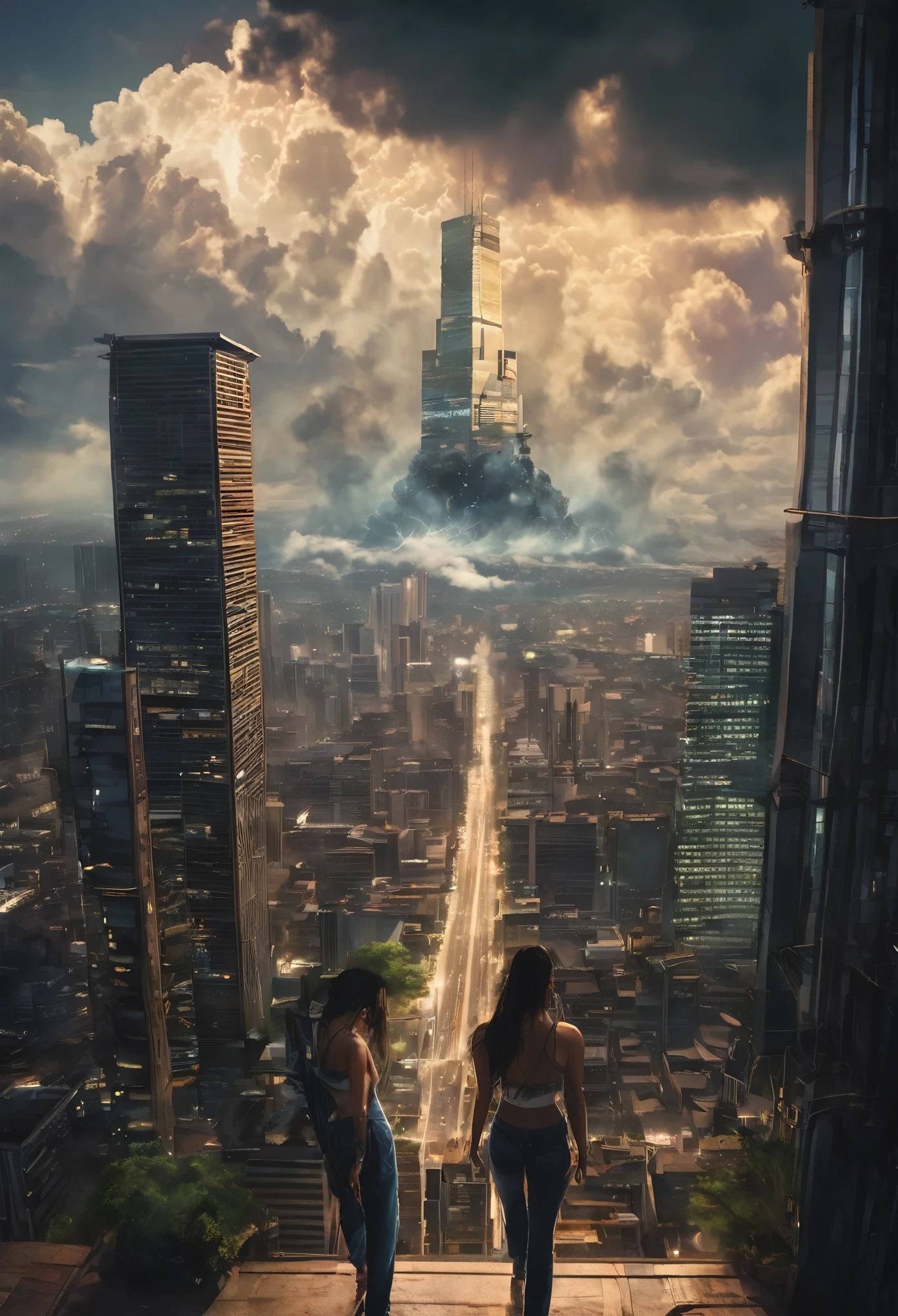 "A towering giantess in a cool and relaxed hippie style is wearing a crop top and baggy pants. His toned, athletic build suggests his enormous strength. Ela parece estar passeando casualmente pela movimentada paisagem urbana de GTS City, while imposing buildings rise overhead. Smoke and clouds swirl around you, enhancing the sense of epic scale and drama. The lighting is dark, grimdark, and realistic, creating a tense and threatening atmosphere. The perspective is from below, emphasizing the majesty and power of the Giant."
