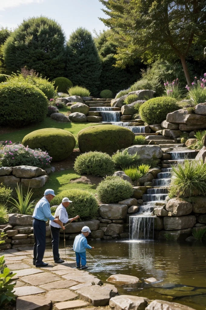 Lord fishing with his grandson in a rockery