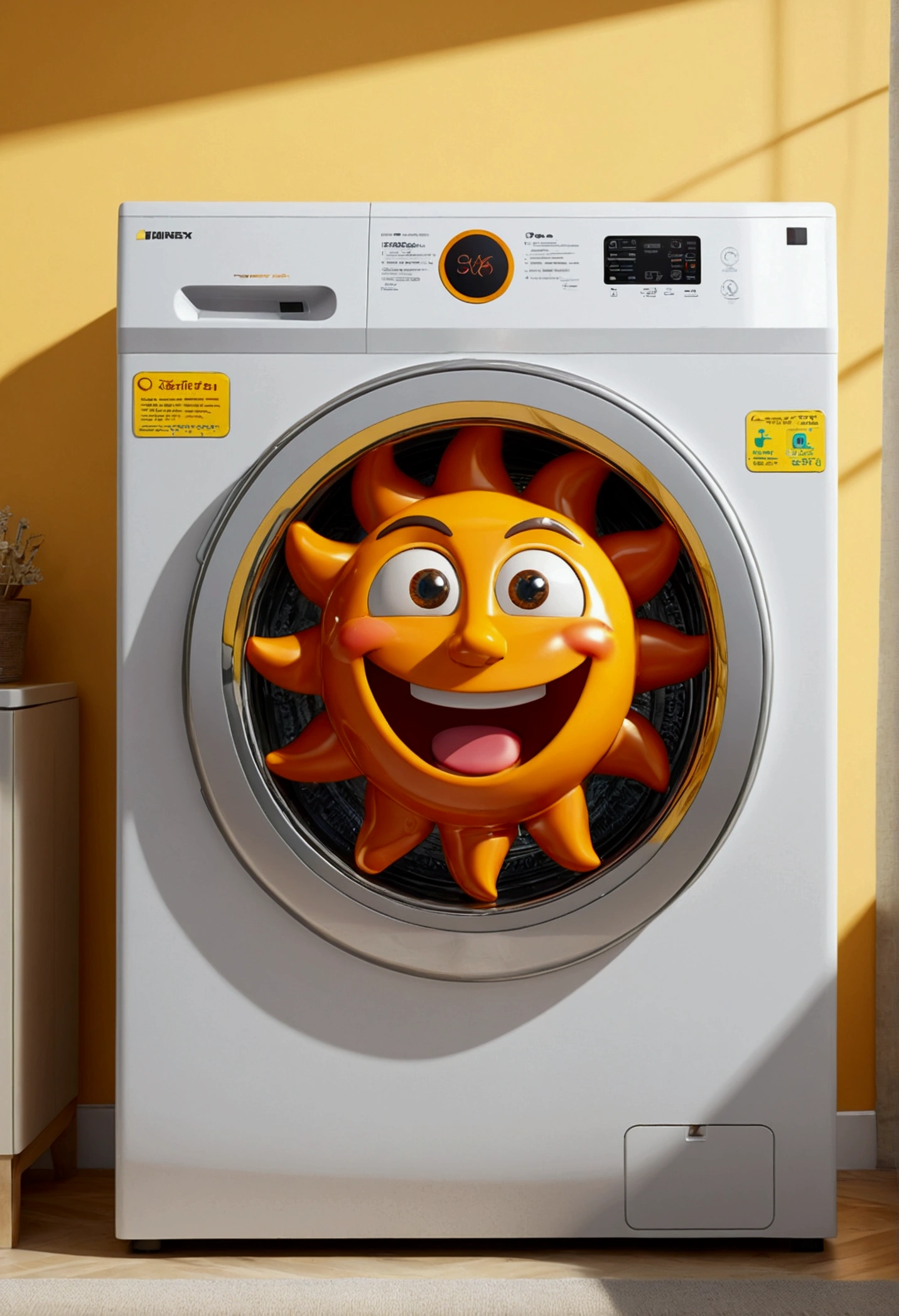 (design of character),Sun with enthusiasm and joy while standing in front of a washing machine, anthropomorphic sun, smiling, big shiny eyes, Fantastic,Eccentric,similar to a fairy tale, super detailing, pixel style, vibrant with colors, soft natural light, solid color backdrop, 5-octane rendering, a gorgeous, Ultra Wide Angle, 8k, high realism, 8k