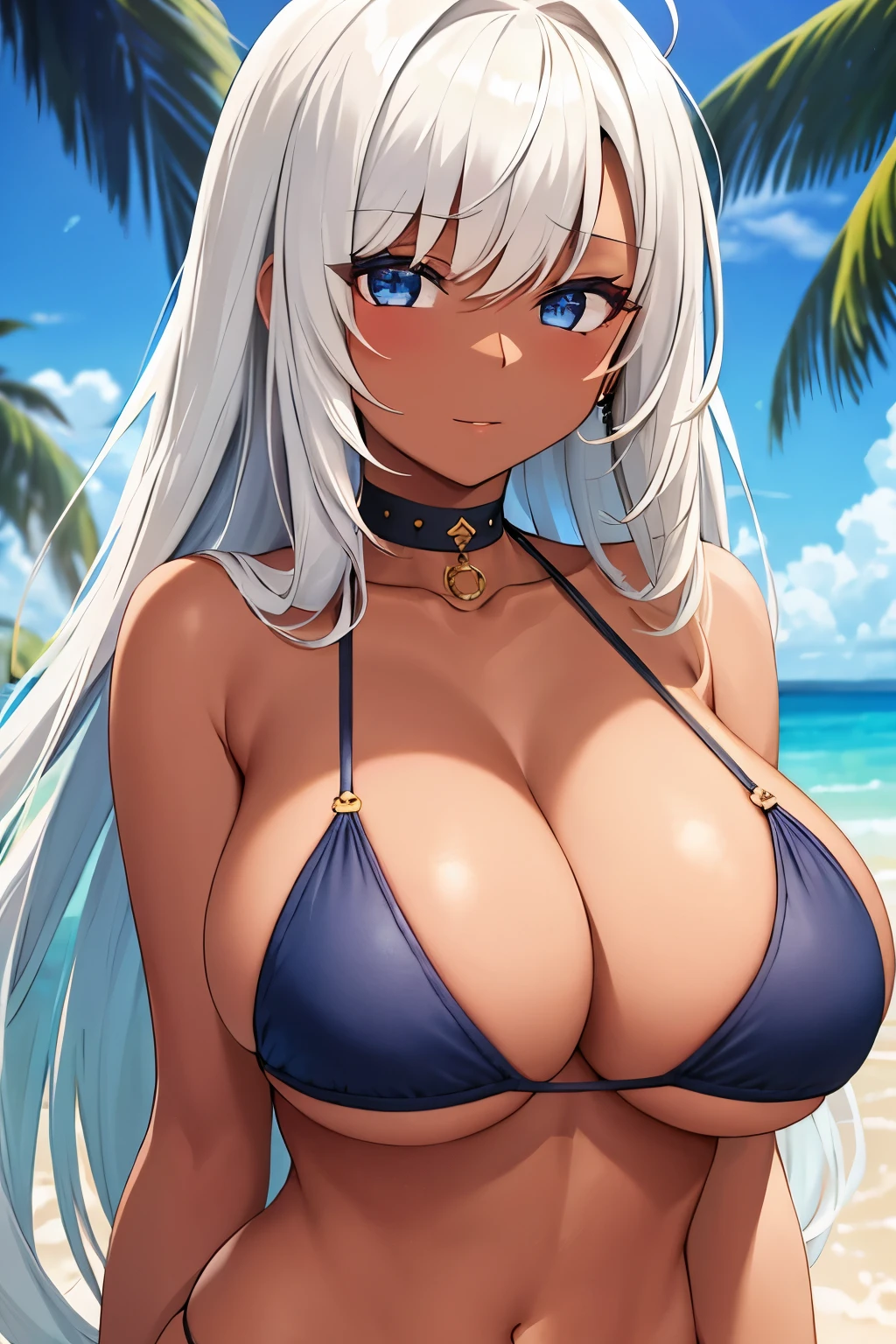 Masterpiece, high quality, pretty girl, beautiful, beautiful face, dark skin, bikini, big breasts, cleavage, sexy,