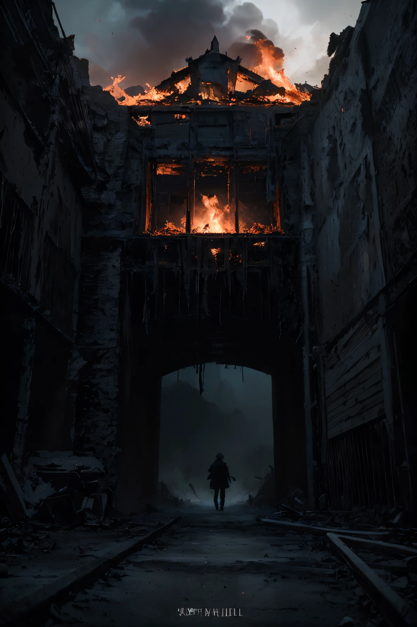 hell's battlefield、storm、A female soldier in combat uniform in the distance、, Surrealism, cinematic lighting, UHD, anatomically correct, award winning, best quality, highres, 8k