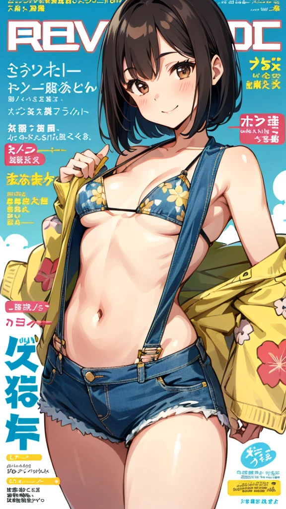 Highly detailed, vibrant color, detailed skin, detailed fabric, detailed eyes. Brown haired young woman, beautiful, gorgeous, mature, bob hair, brown eyes, small to medium breasts, smiling, gravure magazine cover, floral bikini, denim shorts, denim overall, Tokyo.