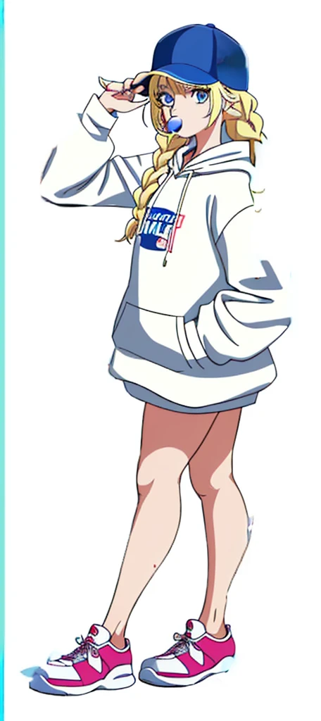the lady is wearing a hooded sweater standing with one foot on a step, 1girl, solo, chewing gum, blonde hair, blue eyes, hat, hand in pocket, braid, bubble blowing, white background, full body, long hair, multicolored clothes, simple background, shoes, looking at viewer, baseball cap, twin braids,Eiko Tsukimi, blue eyes, braid, twin braid, (((blonde hair))), long hair, baseball cap