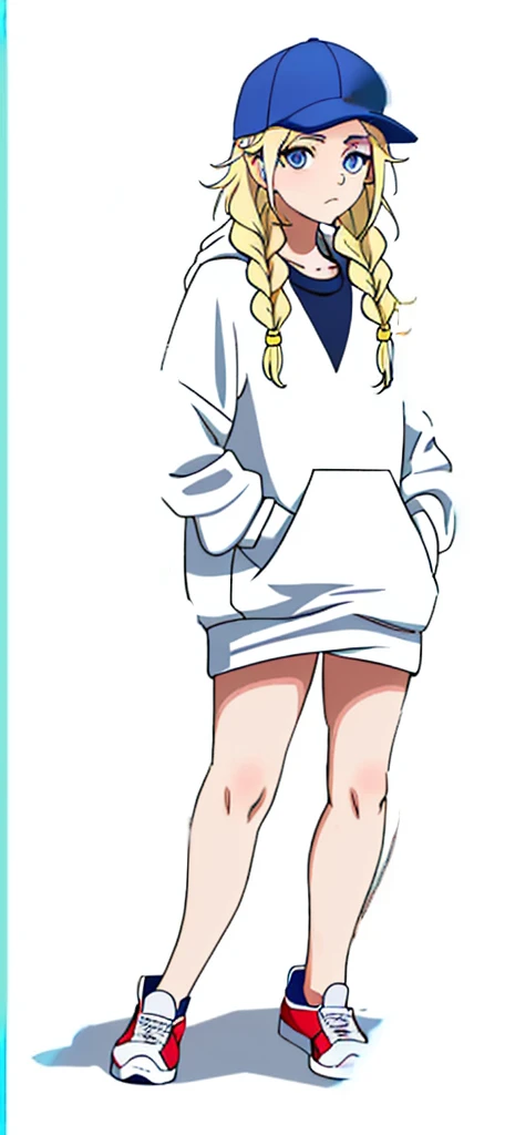 the lady is wearing a hooded sweater standing with one foot on a step, 1girl, solo, chewing gum, blonde hair, blue eyes, hat, hand in pocket, braid, bubble blowing, white background, full body, long hair, multicolored clothes, simple background, shoes, looking at viewer, baseball cap, twin braids,Eiko Tsukimi, blue eyes, braid, twin braid, (((blonde hair))), long hair, baseball cap 
