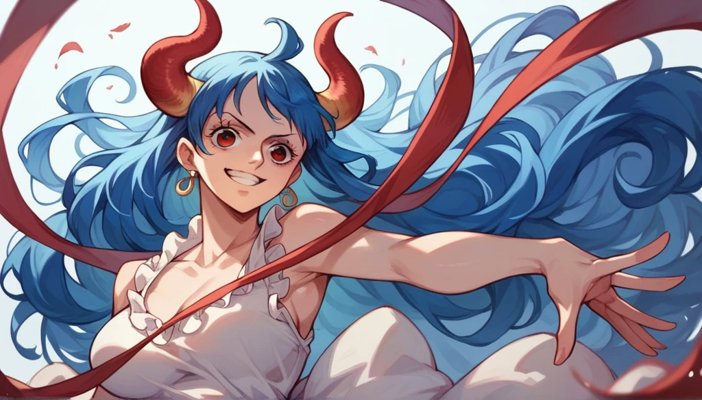 female character from one piece with very long blue hair and very red eyes with water powers
