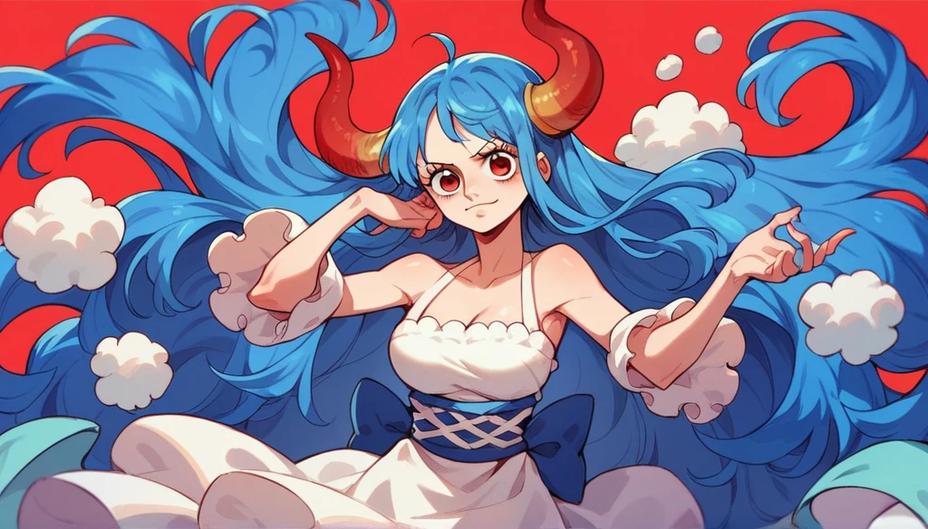 female character from one piece with very long blue hair and very red eyes with water powers