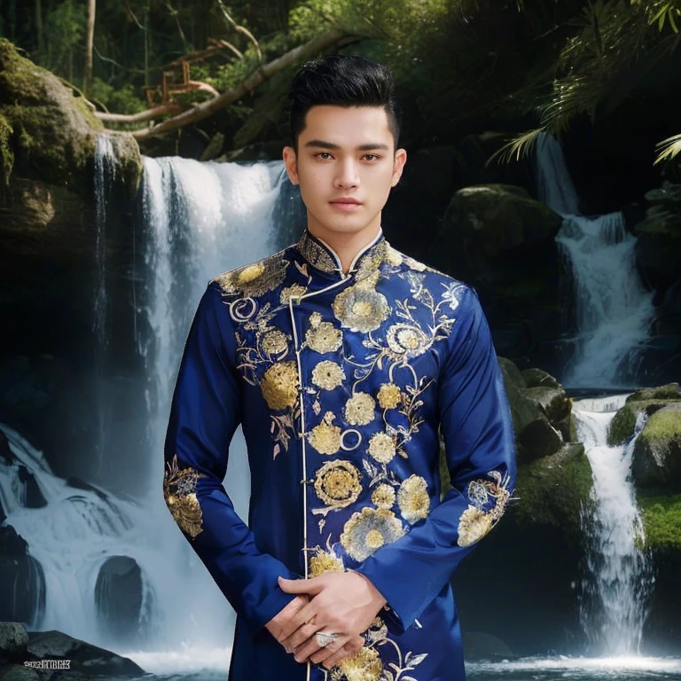 Haraf man, a Southeast Asian man with a round face., Mohawk hair, The face is bright and shiny., Double eyelids, Big eyes, black eyes,has exceptionally black hair, pitch black, In the background is a large waterfall., The evening sun shines beautifully.,  David Marquez, Andrew Gonzalez, A thin man with light tan skin., inspired By Robbie Trevino, Headshot profile picture, inspired By Adam Dario Kiel, Christian Orrillo, Daniel Mirante, By Adam Dario Kiel, By Robbie Trevino, Rick Dai, Joel Torres, with mountains as the background